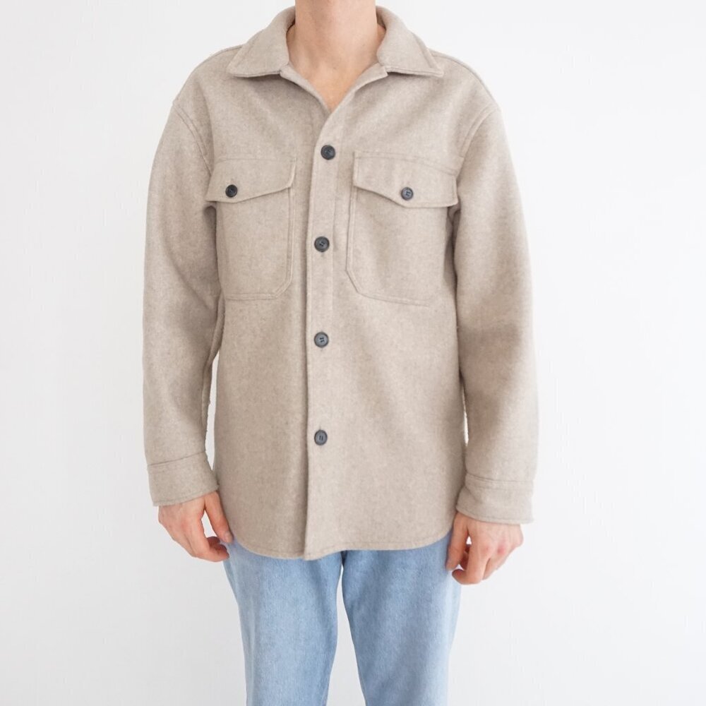 H&M Beige Button Front Shirt Jacket Shacket Relaxed Fit Medium